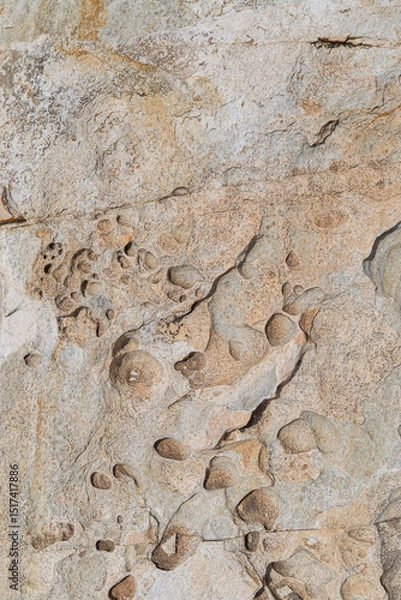 Fototapeta Close-up of a beautiful curved shapes on a sculpted granite rock surface, viewed from above on a sunny day. Abstract full frame natural textured bright background.