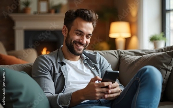 Obraz Happy Handsome Caucasian Man Using Smartphone in Cozy Living Room at Home. Man Resting on Comfortable Sofa. He's Browsing the Internet and Checking Videos on Social Networks and Having Fun.