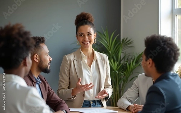 Obraz Female Manager Leading a Meeting About Sustainability and Ethnicity with her Multiethnic Teammates. Young Group of Employees Presenting Their Project Ideas To Startup CEO. Medium Shot. High quality