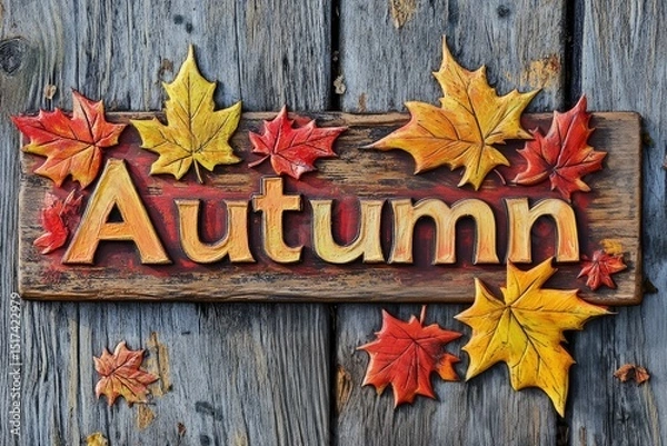 Fototapeta Vibrant red and orange leaves surround the word Autumn carved into a wooden sign. The rustic background complements the bright colors, capturing the essence of fall. 