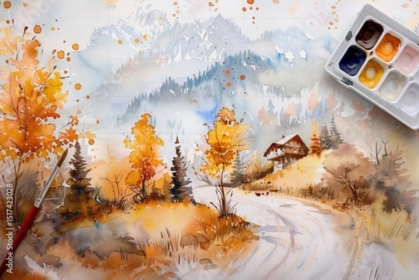 Fototapeta Beautiful autumn landscape with a winding path and a cozy cabin in the mountains. Watercolor illustration with paints and brush on canvas.