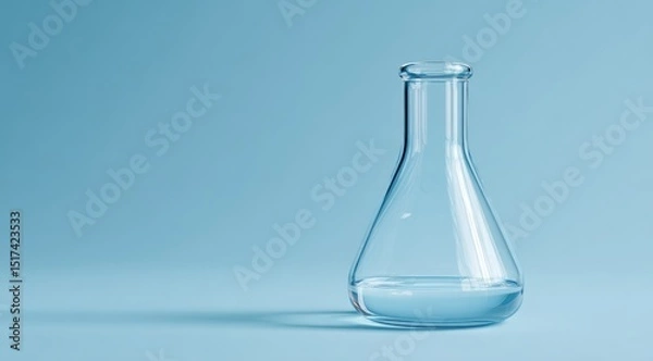 Obraz A clear, empty Erlenmeyer flask sits on a light blue background, casting a subtle shadow.  The flask is slightly angled, showcasing its form