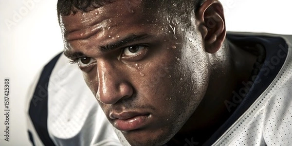Fototapeta Exhausted Sweaty Football Player Close-up Face Portrait Showing Physical Exertion and Determination Generative AI
