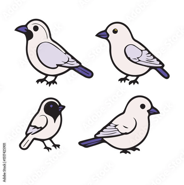 Fototapeta Four stylized depictions of birds in various poses against a plain white background. Cute, simple avian illustrations in a light gray/white color scheme with touches of dark purple/indigo.