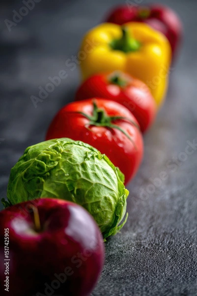 Obraz A row of different fruits and vegetables on a table top