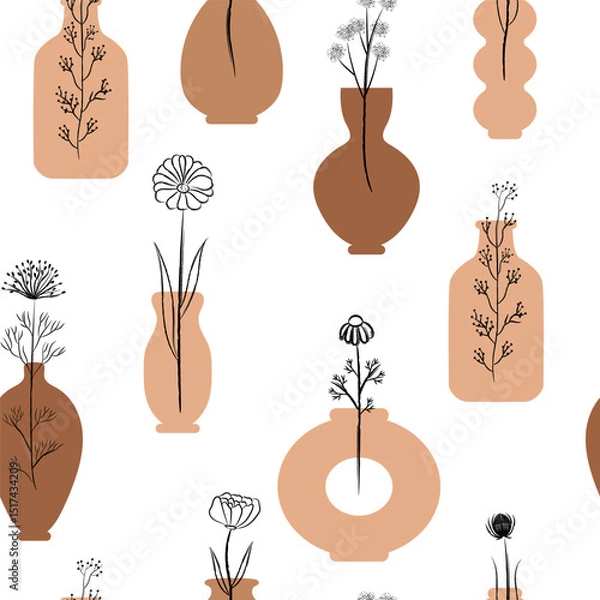 Fototapeta Wild flowers in vases seamless pattern. Silhouette modern forms. Minimalistic bouquet in Ceramic on white background for printing on wallpaper, wrapping paper, fabric.