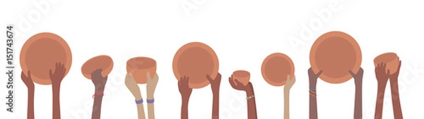 Fototapeta Starving Famine Hands with Empty Plates and Bowls Banner
