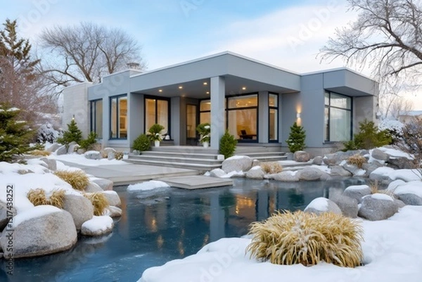 Fototapeta Modern house reflecting in a partially frozen pond during winter