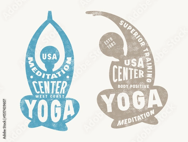 Obraz Body positive yoga class emblem. Graphic design with typographic and silhouettes of girl in asana. Color print on white background