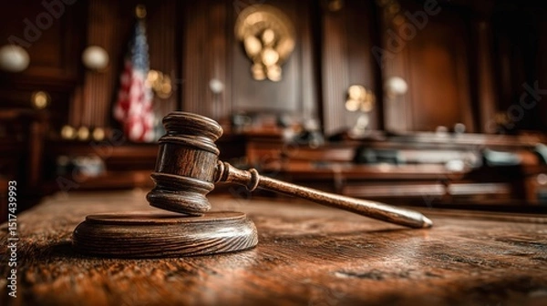 Fototapeta A wooden judge's gavel rests on a desk in a courtroom with the American flag and emblem in the background.
