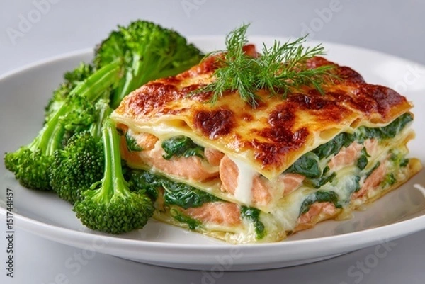 Fototapeta Delicious lasagna with salmon and spinach, served with broccoli and dill