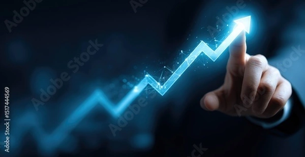 Fototapeta Hand points to a glowing upward trend