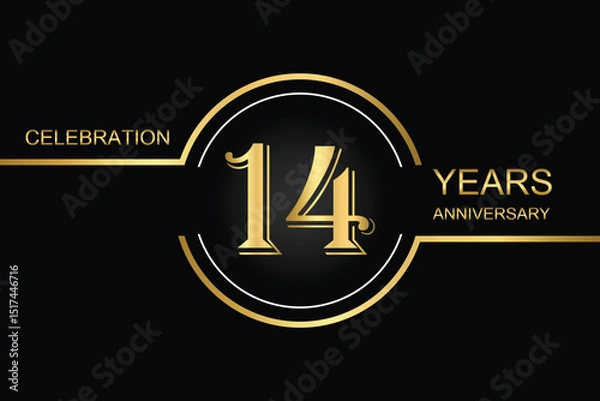 Fototapeta Luxury 14th anniversary celebration design with gold text on a dark background. Perfect for elegant event invitations, milestone banners, or corporate anniversary templates.