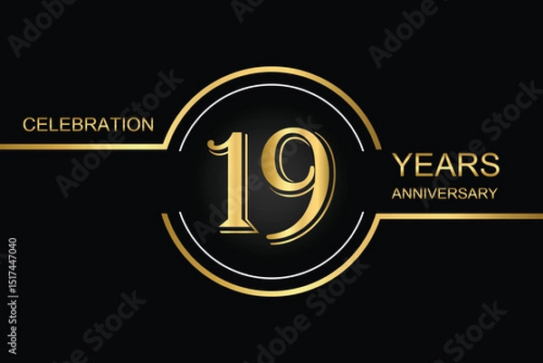 Fototapeta Luxury 19th anniversary celebration design with gold text on a dark background. Perfect for elegant event invitations, milestone banners, or corporate anniversary templates.