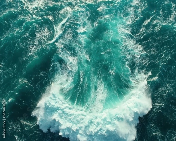Fototapeta Aerial view of turquoise ocean waves crashing and swirling, creating foamy patterns on the water"s surface.