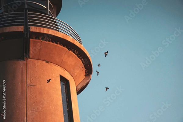 Fototapeta Swallows and nests on lighthouse in Kennewick Washington