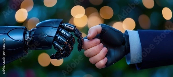 Fototapeta A human and a robot hand are holding each other, symbolizing connection between technology and humanity.