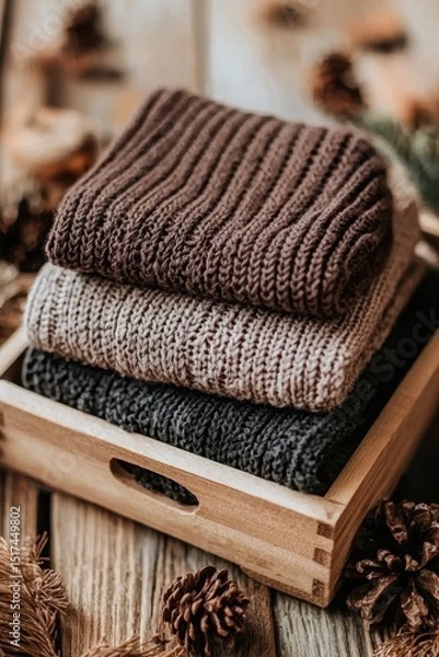 Fototapeta Three folded knitted sweaters in earthy tones stacked in a wooden tray, surrounded by pinecones on a rustic wooden surface.