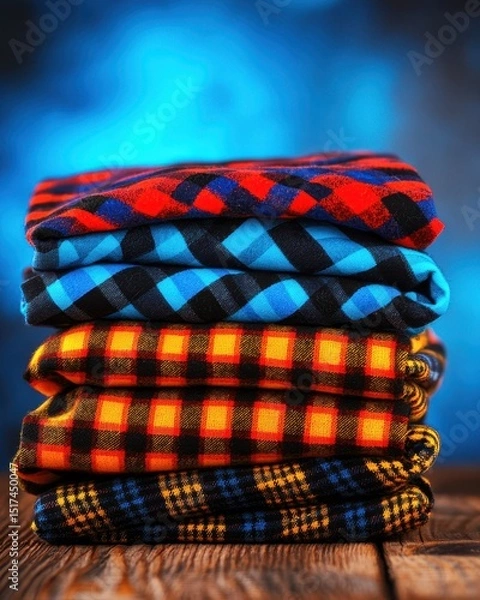 Fototapeta A stack of folded plaid shirts in vibrant colors sits on a wooden surface against a blue background.