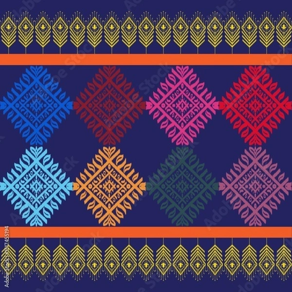 Obraz A pattern featuring a series of colorful diamond-shaped motifs arranged in rows against a dark blue background.