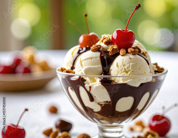 Fototapeta Creamy vanilla ice cream sundae with rich chocolate drizzle and crunchy toppings, styled in a realistic, bright setting.