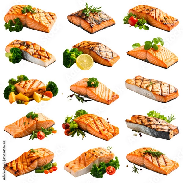 Obraz Grilled Salmon with Vegetables: Transparent Background Recipe