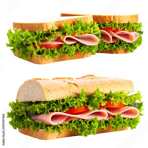 Obraz Delicious Sandwiches: Ham, Lettuce, Tomato, Cucumber, Transparent Background