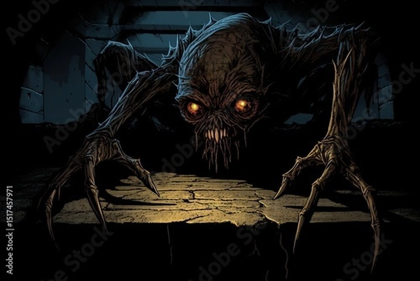 Fototapeta Terrifying creature with glowing eyes crawling in a dark eerie environment