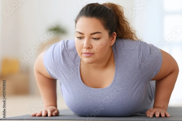 Fototapeta Plus size woman doing push up exercise on mat at home with focused expression and soft natural light