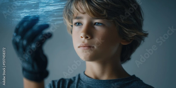 Fototapeta Curious child with cybernetic glove examining futuristic holographic interface, focused on advanced technology and innovation in modern setting