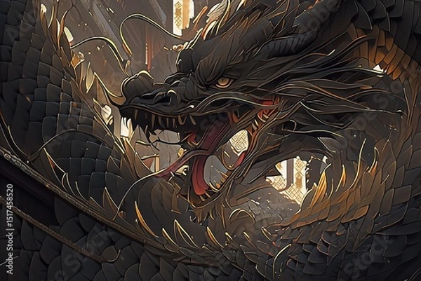 Fototapeta Majestic and fierce dragon portrayed with intricate details in a dramatic setting