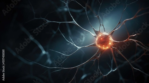 Fototapeta Closeup view of a glowing neuron within a dark abstract background