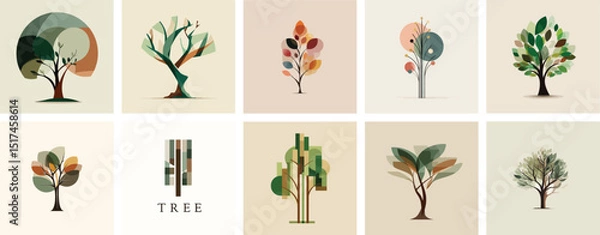 Fototapeta Abstract Tree Icons Set with Unique Art Styles and Bold Color Variations
