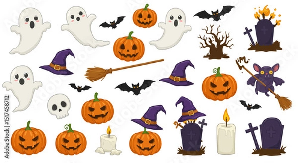 Fototapeta halloween, ghosts, pumpkins, bats, witches hats, spooky, cartoon, vector illustration, digital art, cute, colorful, flat design, icon set