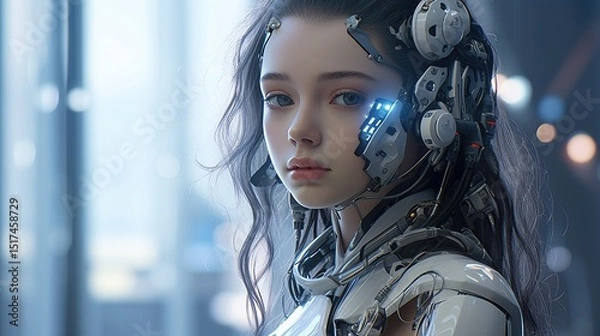 Fototapeta Future-inspired humanoid cyborg with intricate designs in a futuristic environment