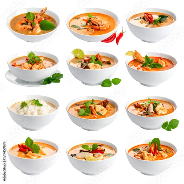 Obraz Delicious Tom Yum Soup Recipes with Shrimp,  Garnished with Herbs,  Served in Bowls,  Perfect for a Warm Meal, Transparent Background