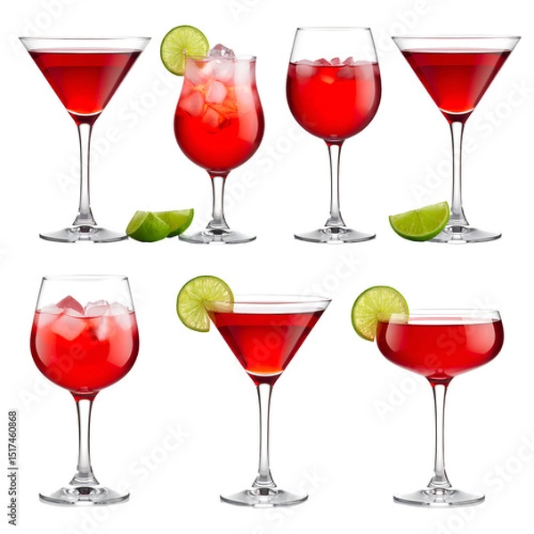 Obraz Red Cocktails: Glassware Styles with Lime Garnish, Transparent Background