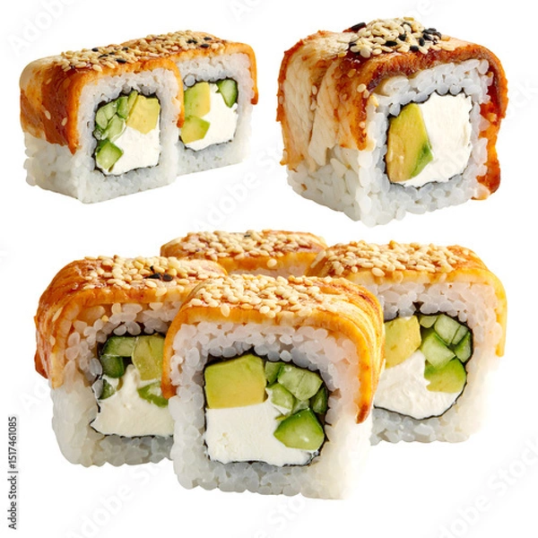Obraz Sushi Rolls with Cream Cheese, Avocado, Cucumber, Sesame Seeds, Transparent Background