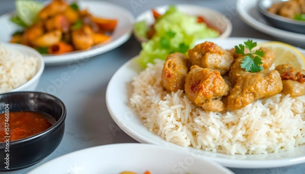 Fototapeta Plate of rice with chicken and various side dishes