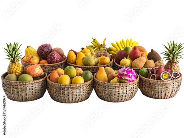 Fototapeta Fresh fruits in a brightly lit basket on background, with banana, apple, orange and others seasonal fruits arrangement modern environment close-up view healthy eating concept.
