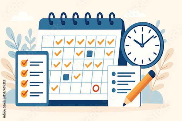Obraz Time management and scheduling concept with calendar, checklist, and task planning for productivity, project management, deadline tracking, and efficient organization of daily activities.