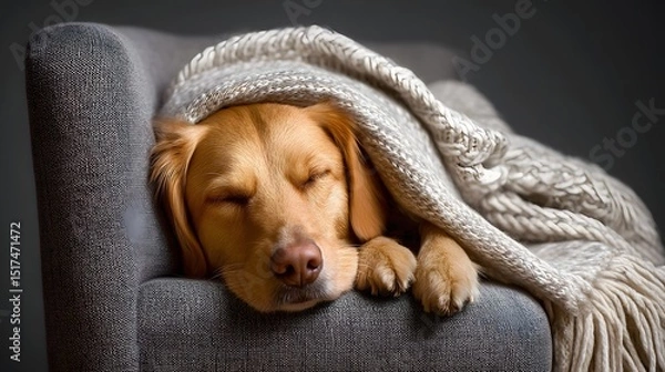 Fototapeta Sleeping dog curled up on a cozy armchair under a soft blanket