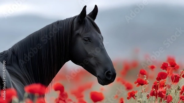 Fototapeta Majestic black horse amid a field of vibrant red poppies in moody light