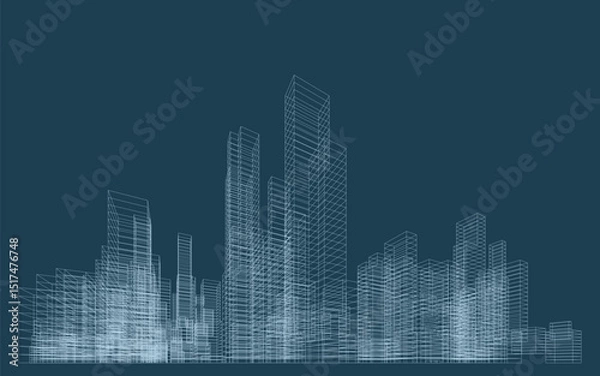 Fototapeta 3D wireframe perspective of building. Abstract wireframe city background for template design. Vector illustration.