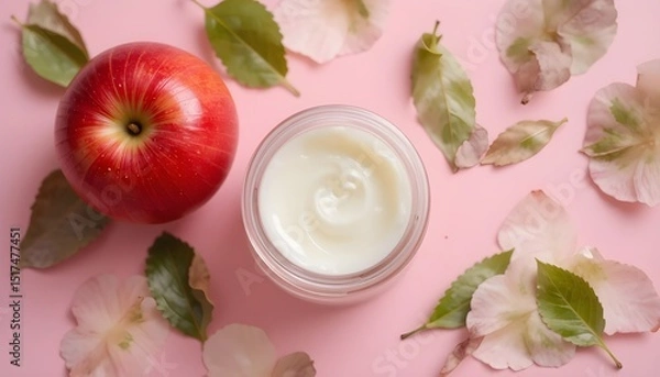 Fototapeta 
Top View Skincare Cream Jar with Red Apple and Leaves on Pink Background 