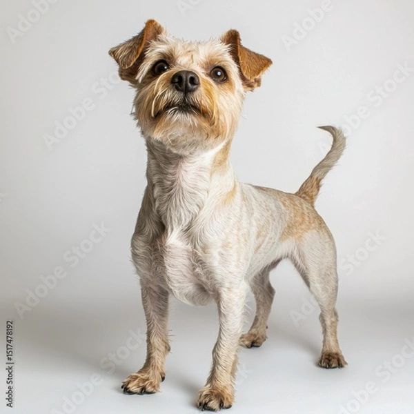 Obraz Adorable small mixed breed dog with scruffy hair, alert expression, standing on white background, looking directly at camera, playful and friendly pet