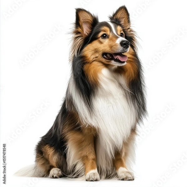 Obraz Adorable Shetland Sheepdog sitting on a white background with attentive expression and fluffy fur, showcasing a friendly and ligent herding dog breed in studio shot