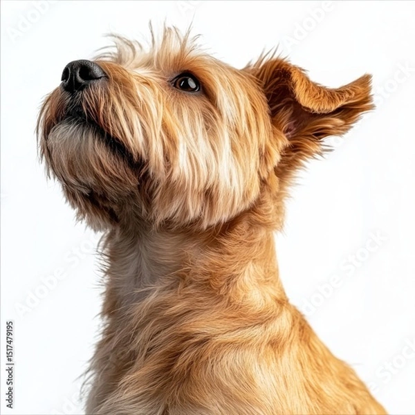 Obraz Close-up of a fluffy terrier dog with expressive eyes and alert ears looking upward against a plain white background, showcasing detailed fur and gentle expression