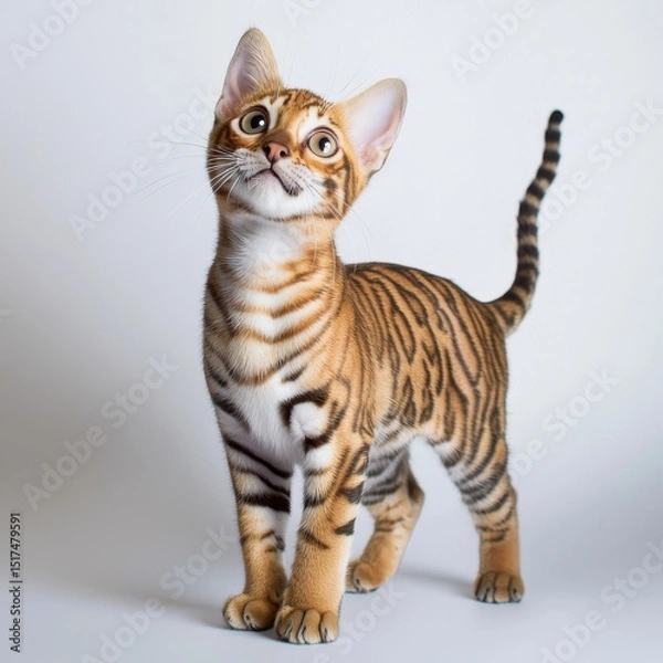 Obraz Adorable Bengal kitten with distinctive striped coat and bright curious eyes standing on white background in a playful pose