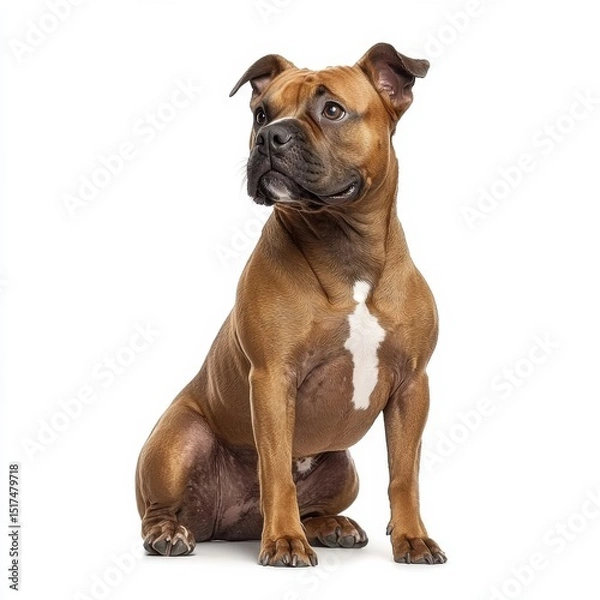 Obraz Adorable and alert brown and white Stafshire Bull Terrier puppy sitting attentively on a plain white background with a curious expression and glossy coat